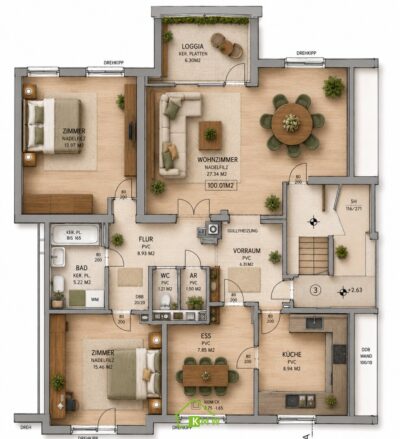 Helle 3-Zi-Wohnung mit Loggia & Stellplatz in Weidling – 100m², Grünblick, Top Lage! - Grundriss (11399)